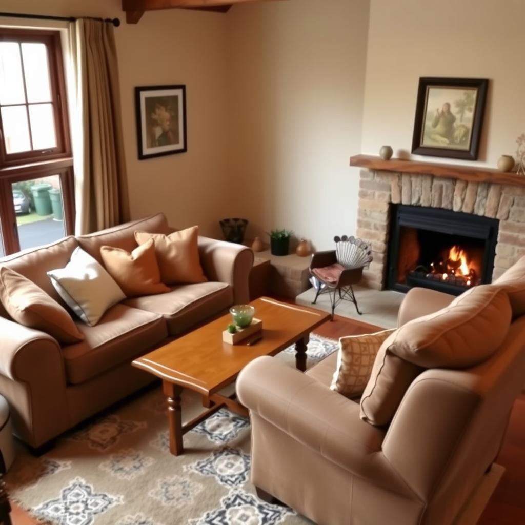 Cozy living room with a sofa, recliner, and glowing fireplace