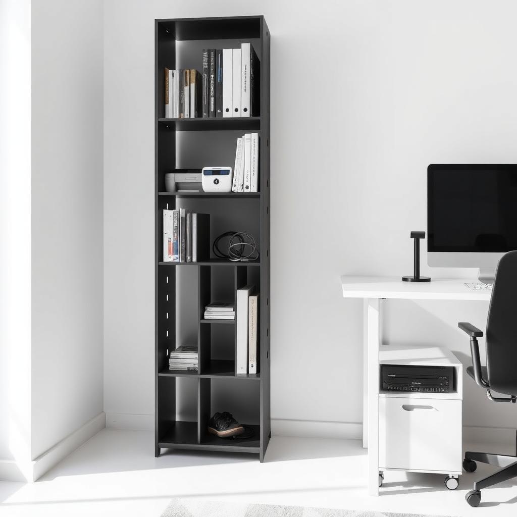 A tiny office corner with a matte black vertical shelving unit and a rolling cabinet under a minimalist desk, holding organized office supplies.