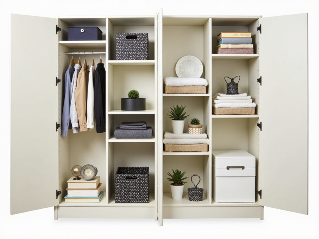 An armoire with adjustable shelves holding books and clothes.