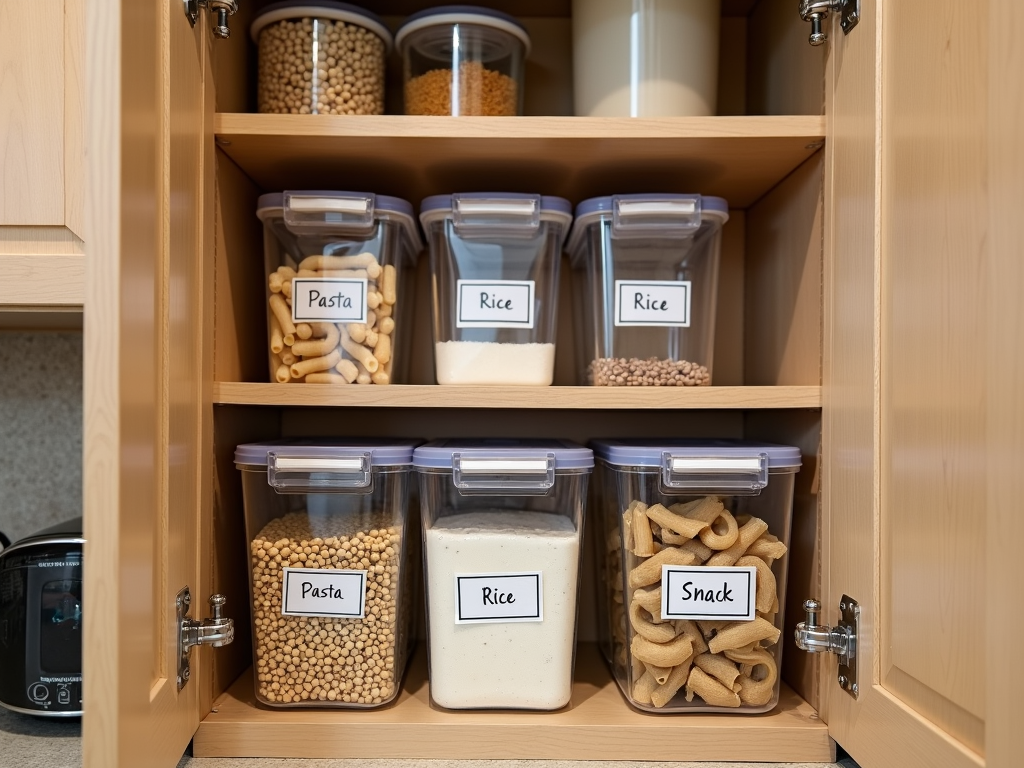 Organized kitchen cabinet with labeled containers.