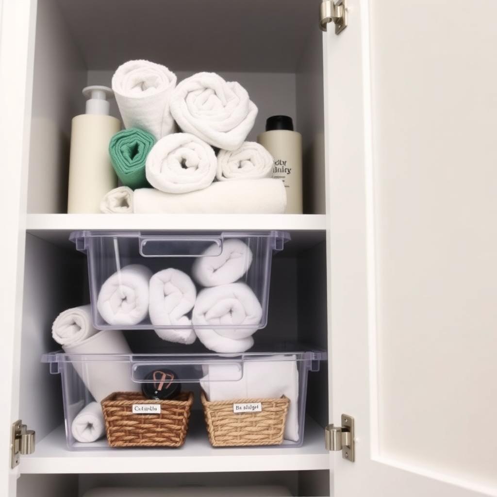 Bathroom cabinet with clear bins and organized toiletries