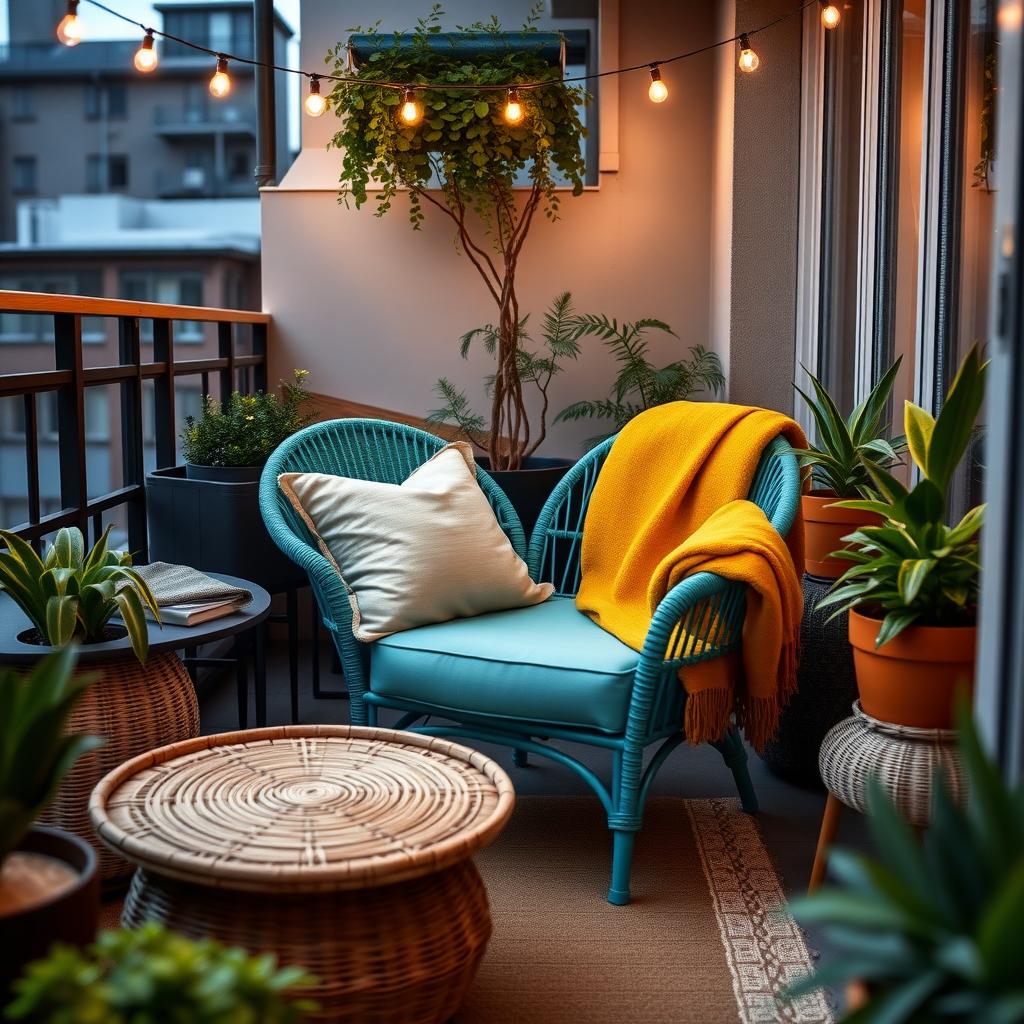 Cozy urban balcony with a teal wicker chair and rattan coffee table, accented with plants and string lights.