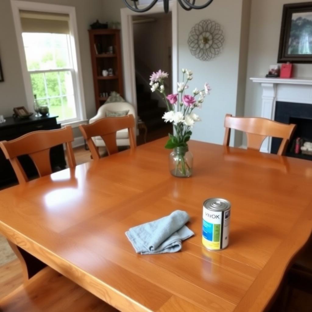 A polished oak dining table with a vase of flowers, accompanied by a microfiber cloth and wax polish in a cozy room.