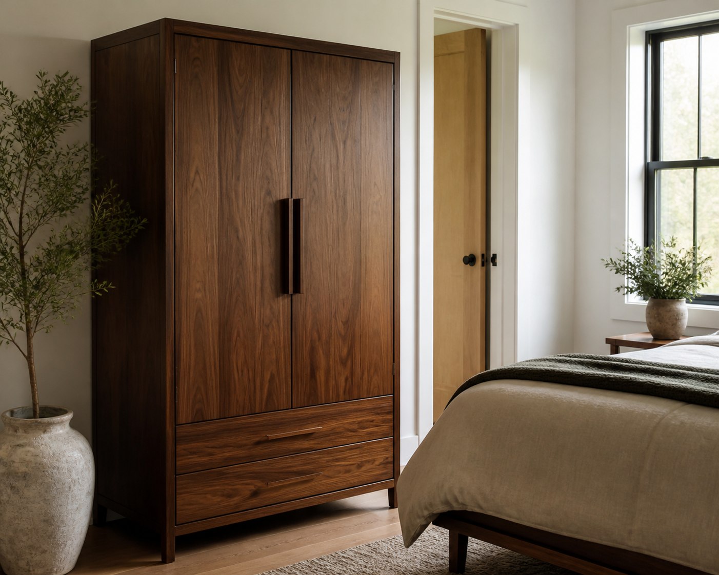 Modern walnut armoire in a serene bedroom