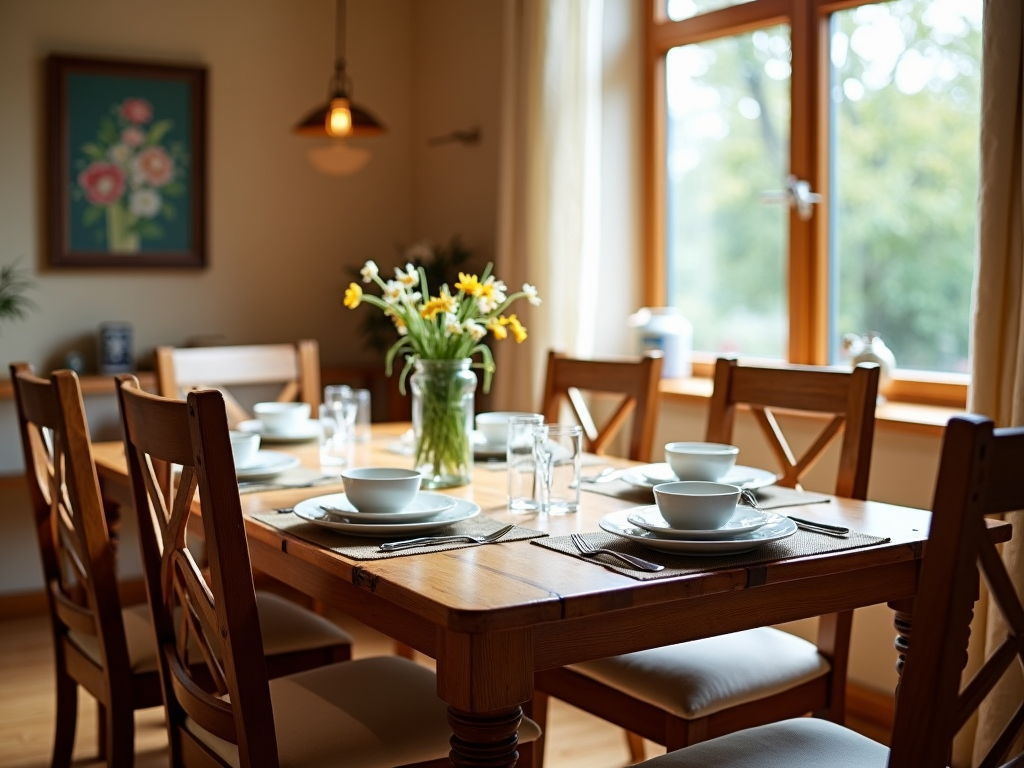 A friendly dining table ready for a meal.