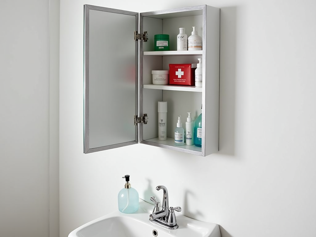 Medicine cabinet mirror with storage in small bathroom
