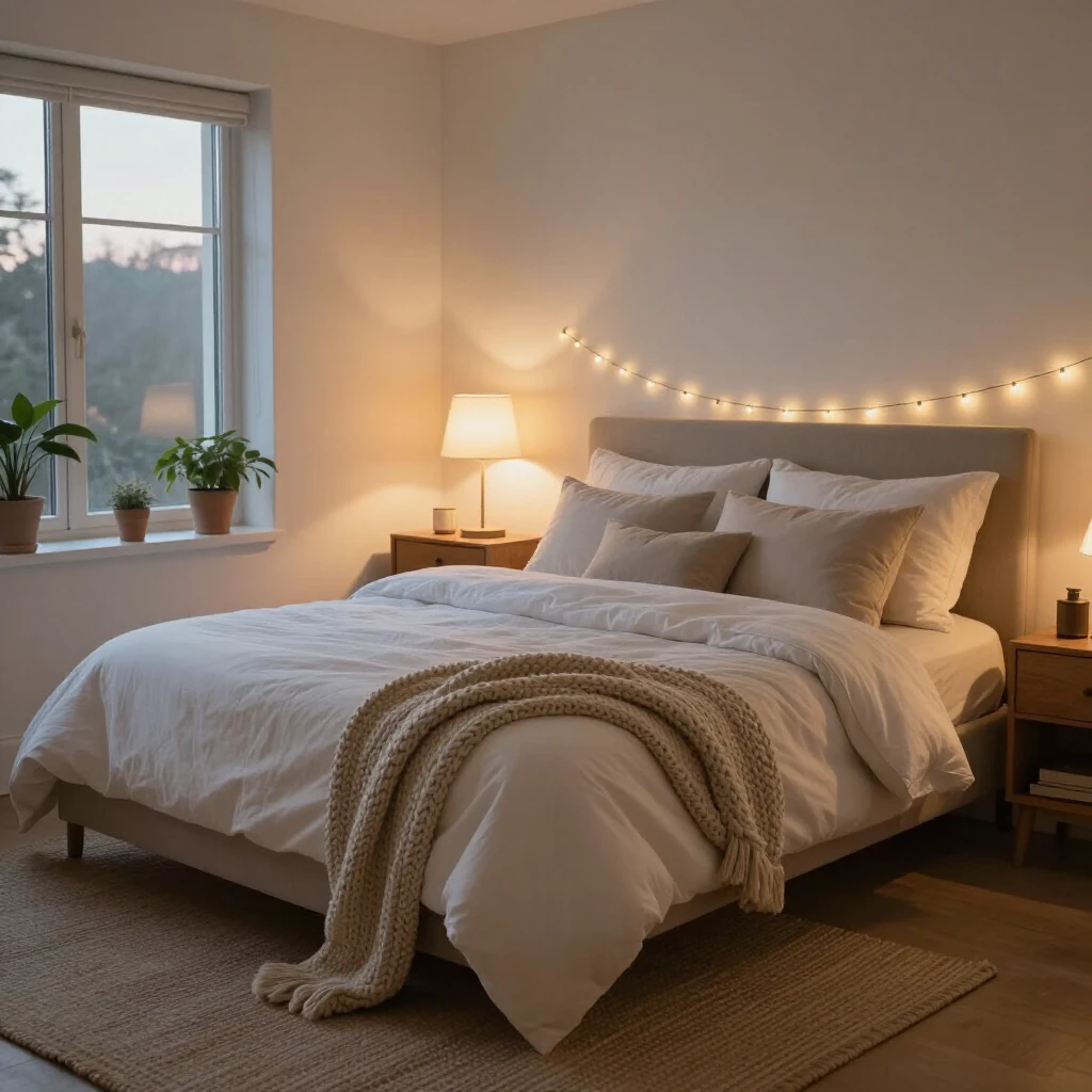 Cozy bedroom with layered bedding, warm lighting, and soft textures