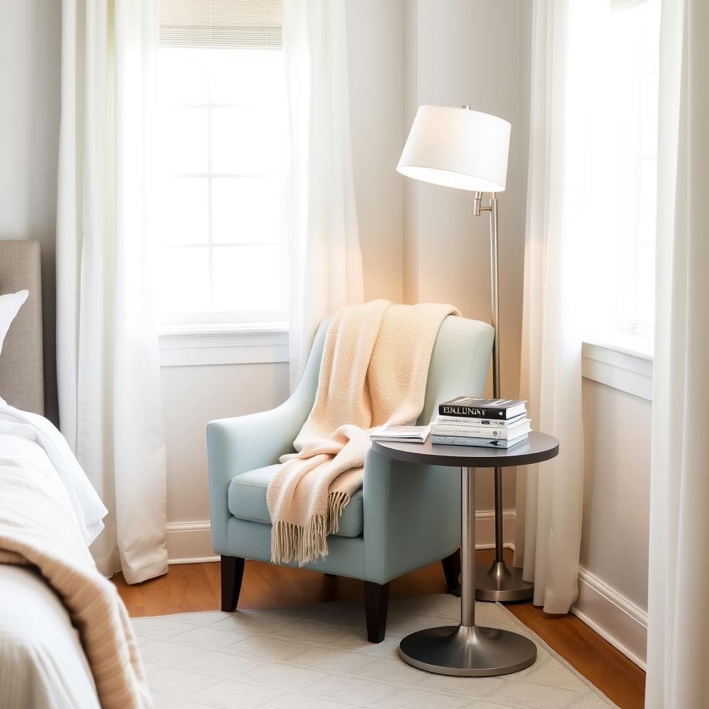 Cozy light blue accent chair in a bedroom reading nook