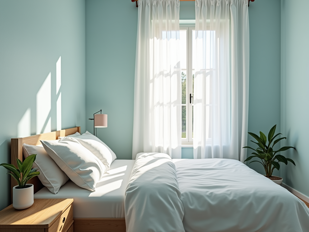 A calm bedroom with blue walls and natural light