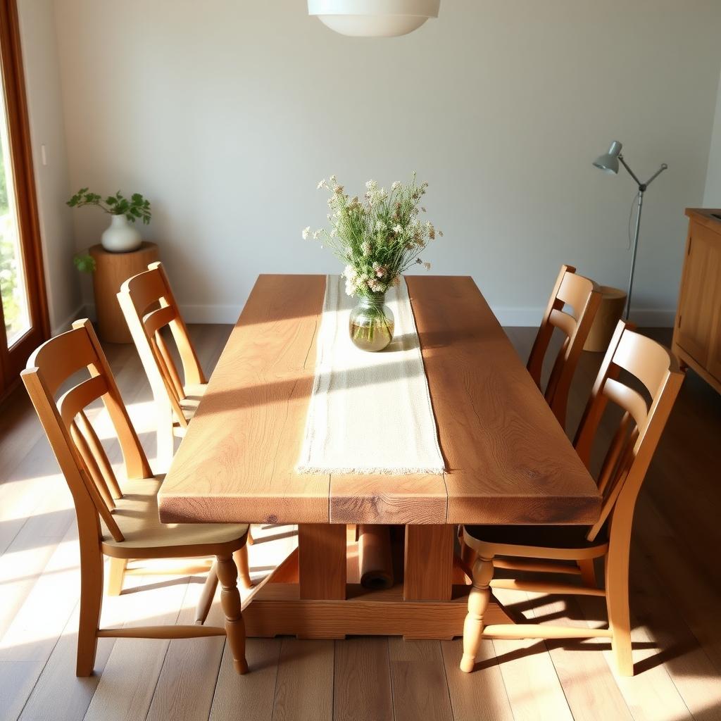 Rustic dining room with a reclaimed wood table and mismatched chairs, decorated with a linen runner and wildflowers, bathed in natural light.