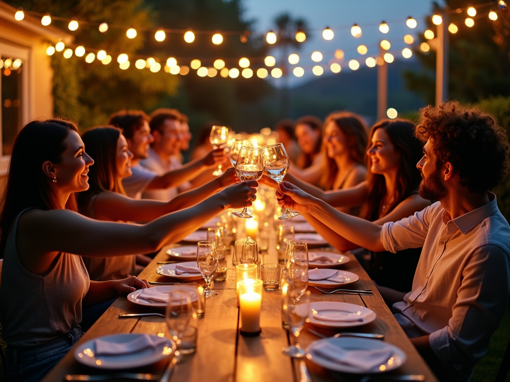 Outdoor dining scene with long table