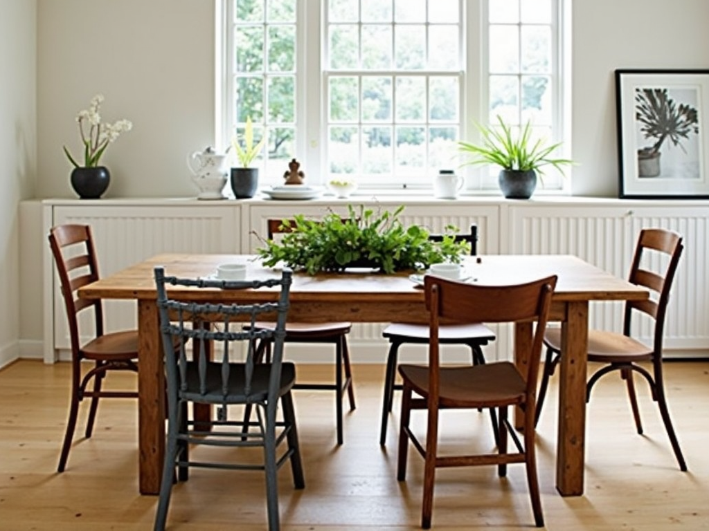 A dining room with a wooden table and mismatched chairs, perfect for casual gatherings.