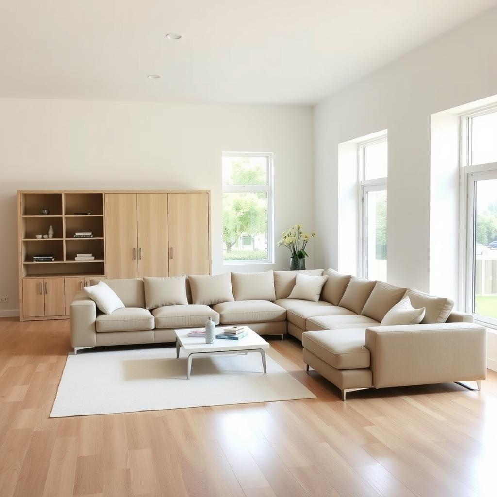 Modern living room with a modular L-shaped sofa, neutral cushions, coffee table, and minimalist armoire.