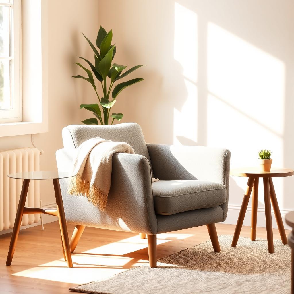 A modern gray armchair with a throw blanket in a sunlit living room