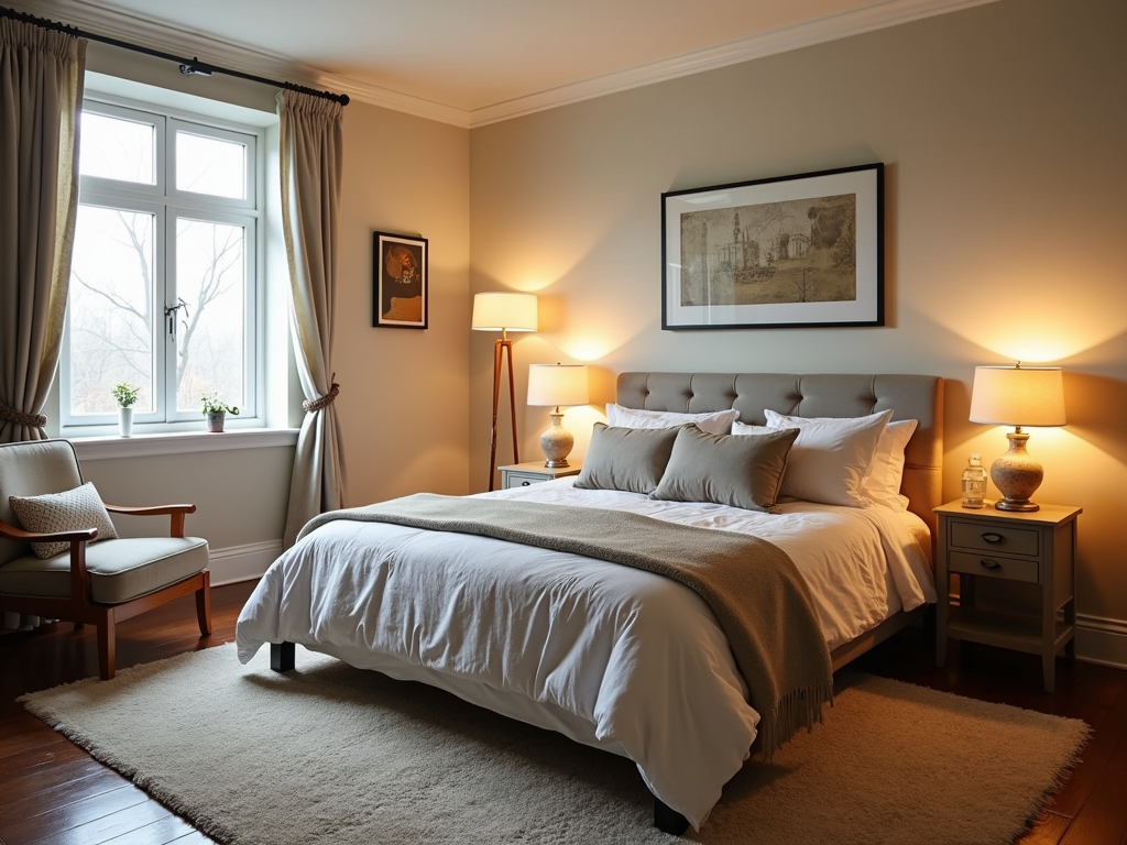 A fully decorated cozy bedroom with natural light
