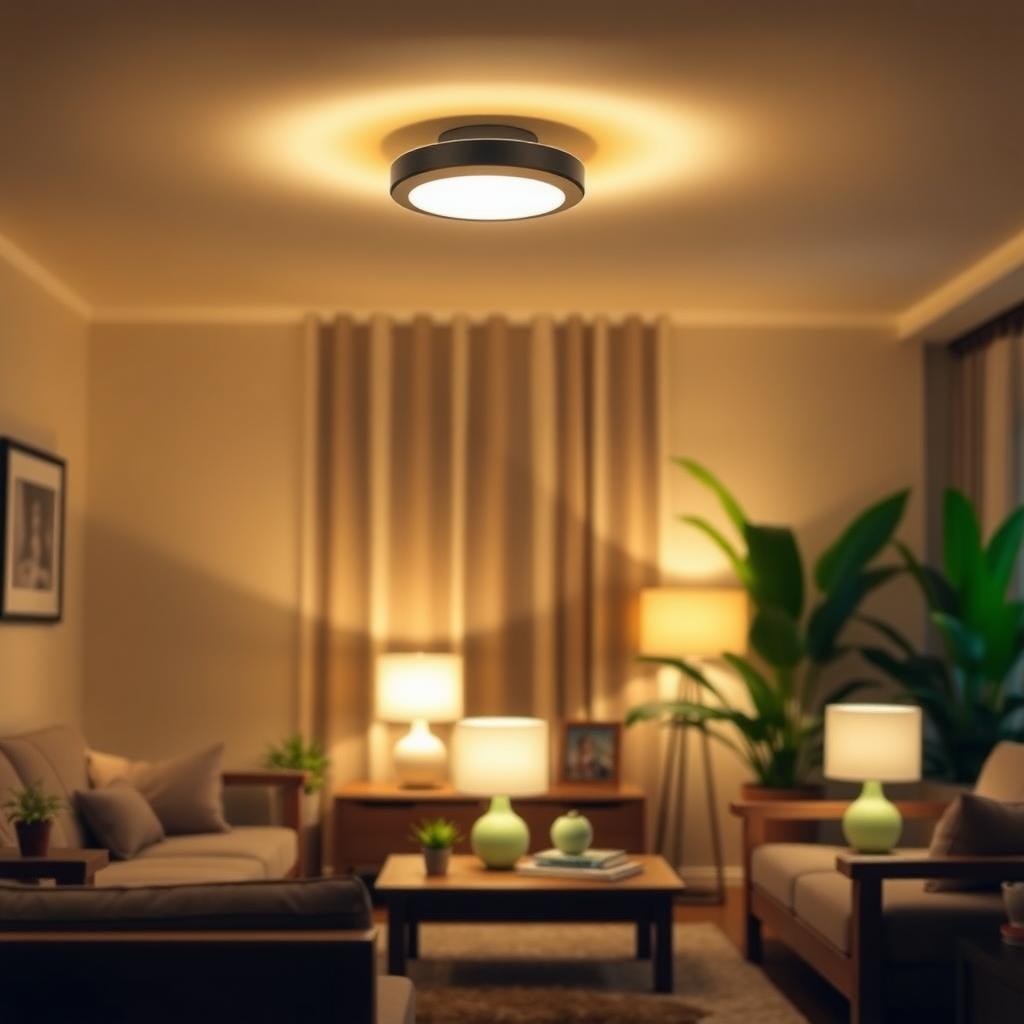 Cozy living room with warm LED lighting and eco-friendly decor