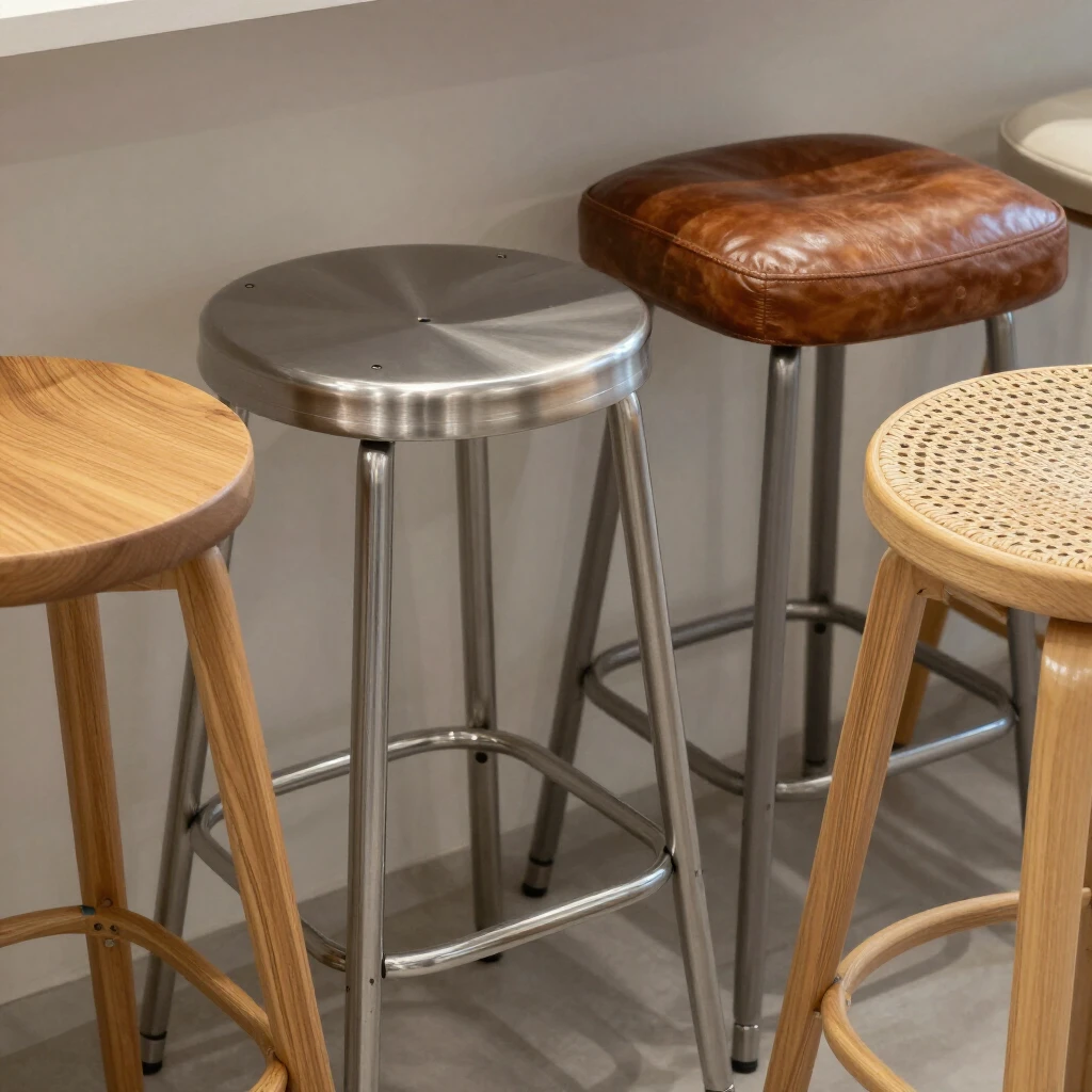 Close-up comparison of various bar stool materials including wood, metal, leather, and rattan