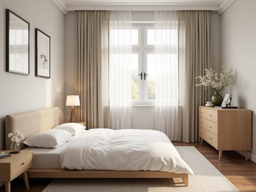 Minimalist bedroom with styled dresser and minimal decor.