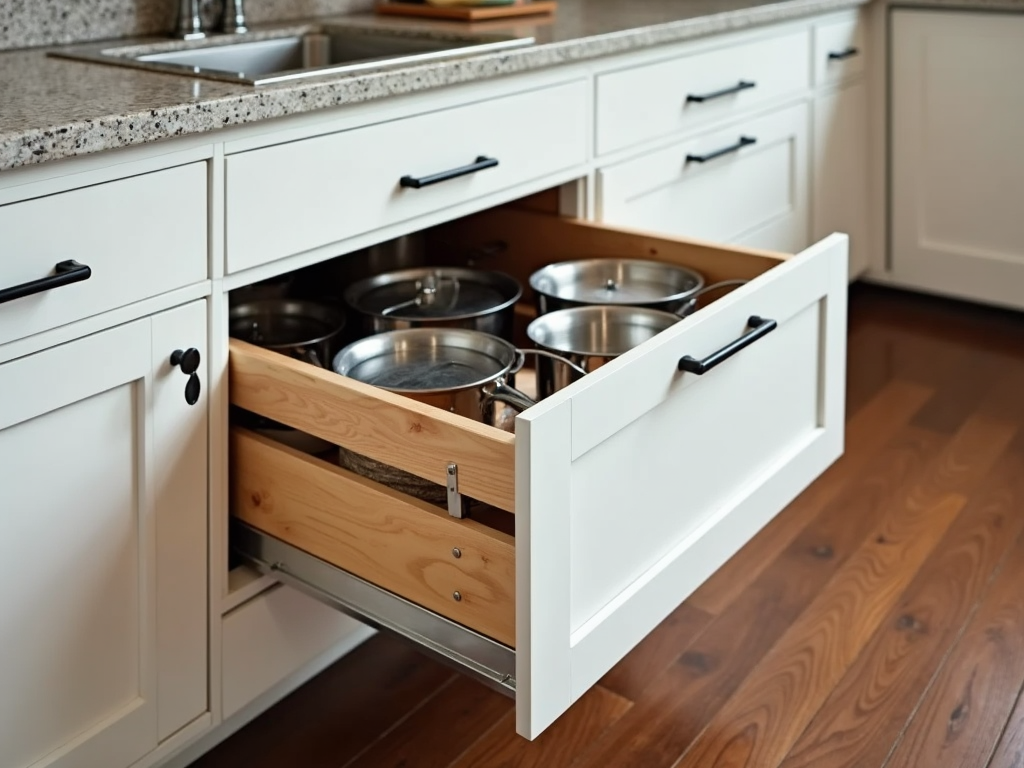 Pull-out drawer in a kitchen cabinet