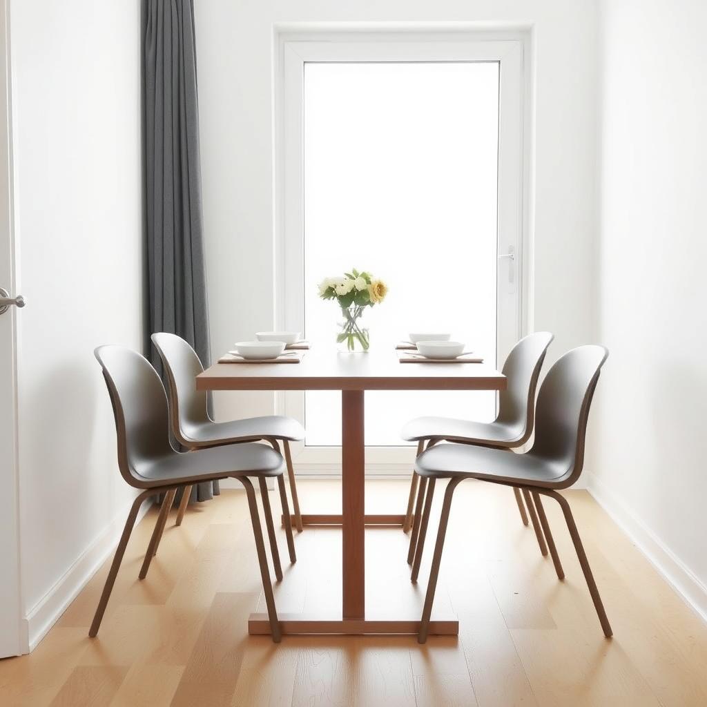 Small dining area with a narrow table and stackable chairs in a bright, modern Scandinavian style.