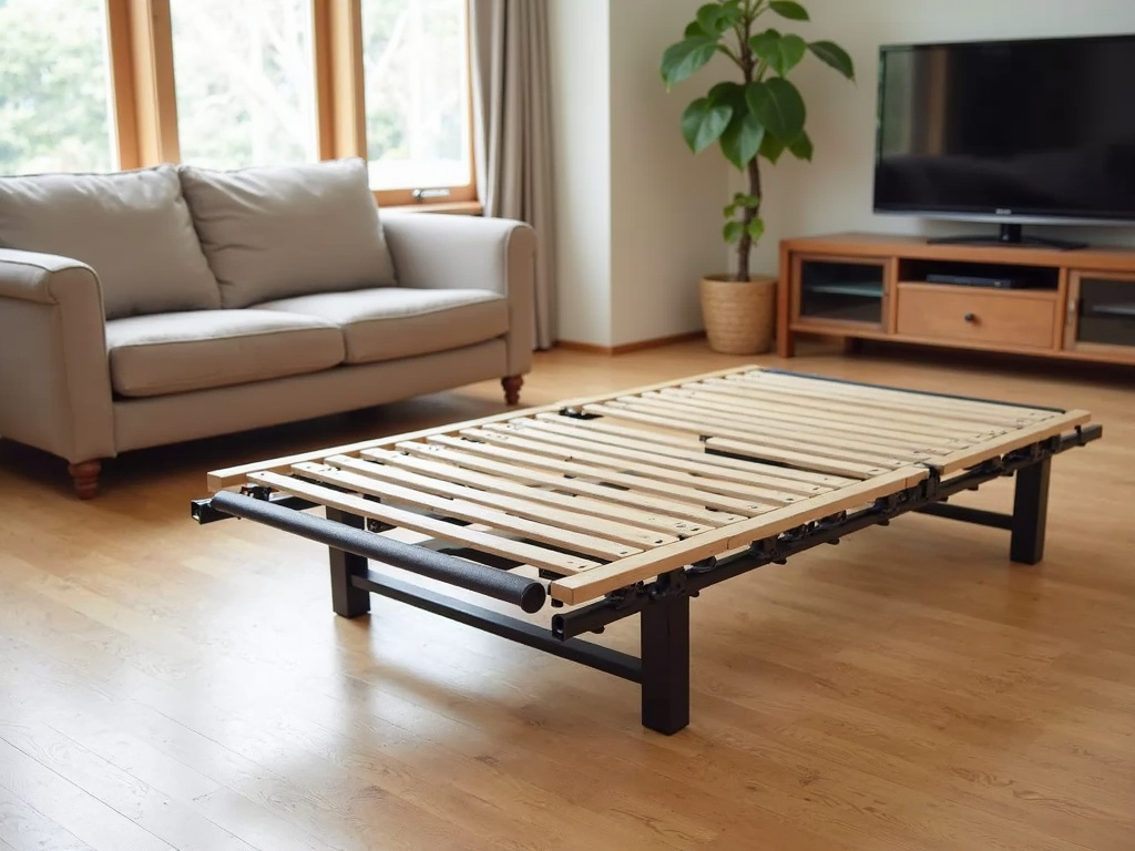 Partially assembled futon frame