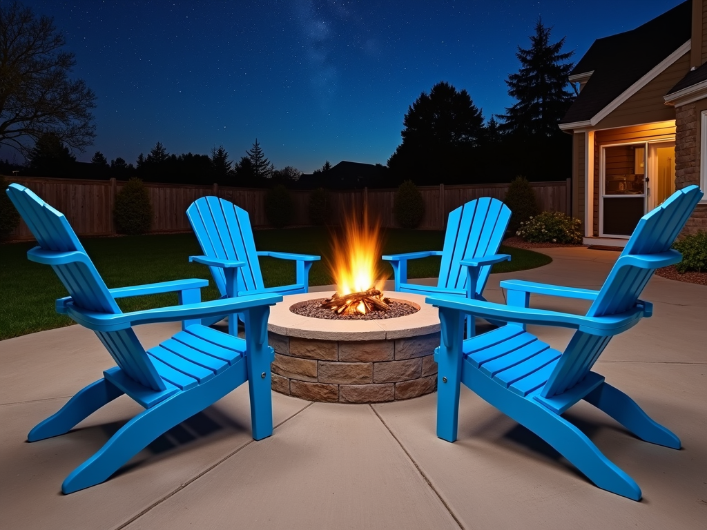 Recycled plastic patio chairs around fire pit