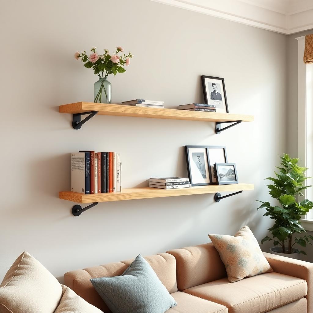 Finished DIY wall-mounted shelves displaying home decor items