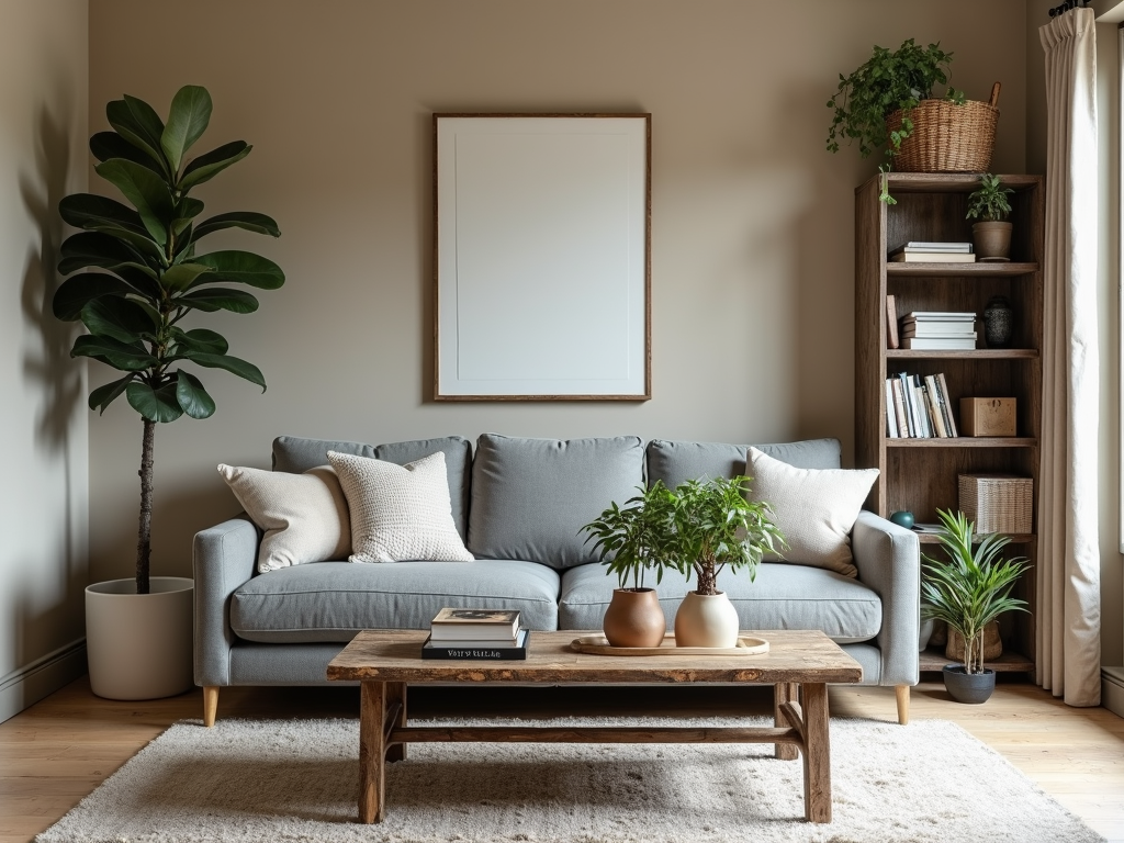 Living room mixing modern, vintage, and rustic furniture styles