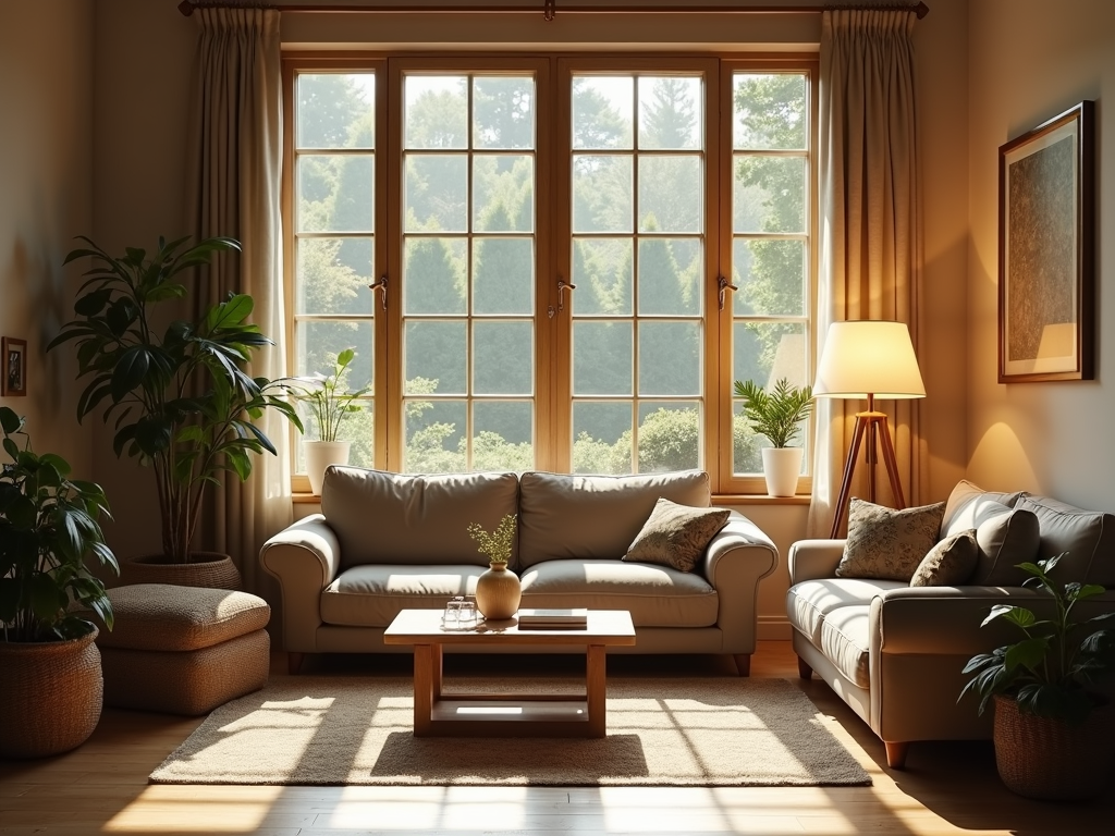 A cozy living room illuminated by energy-efficient LED floor lamps and natural light.