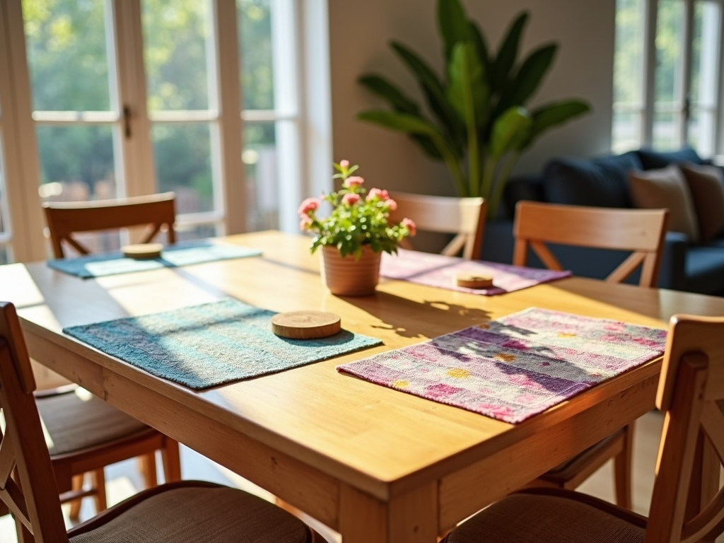 Wooden dining table with placemats and coasters in a sunlit room.