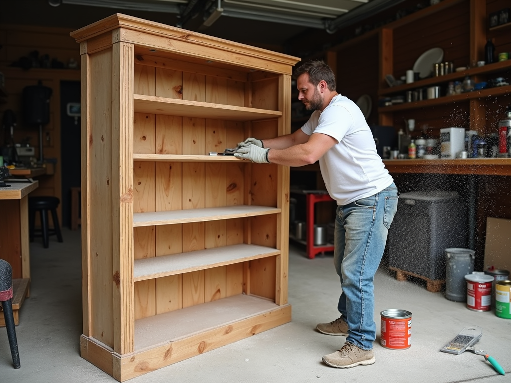 Sanding a faded bookshelf for restaining