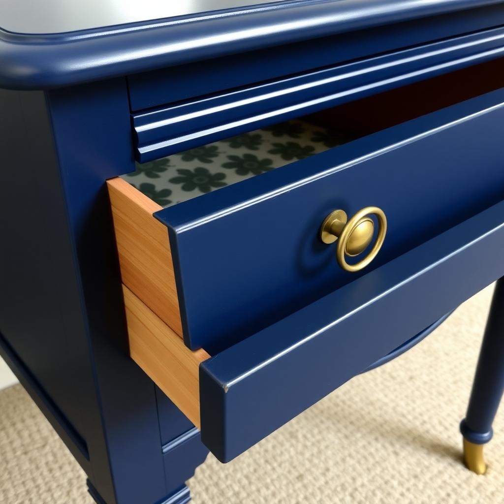 DIY nightstand with navy paint, brass handles, and floral drawer liner.