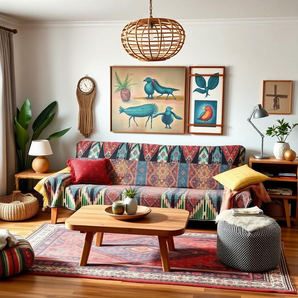 A futon in a bohemian-style living room, with a cover that features eclectic patterns and colors.