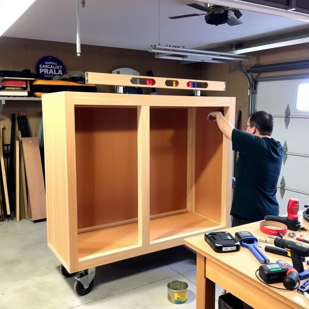Partially assembled kitchen cabinet with tools and a level in a garage.