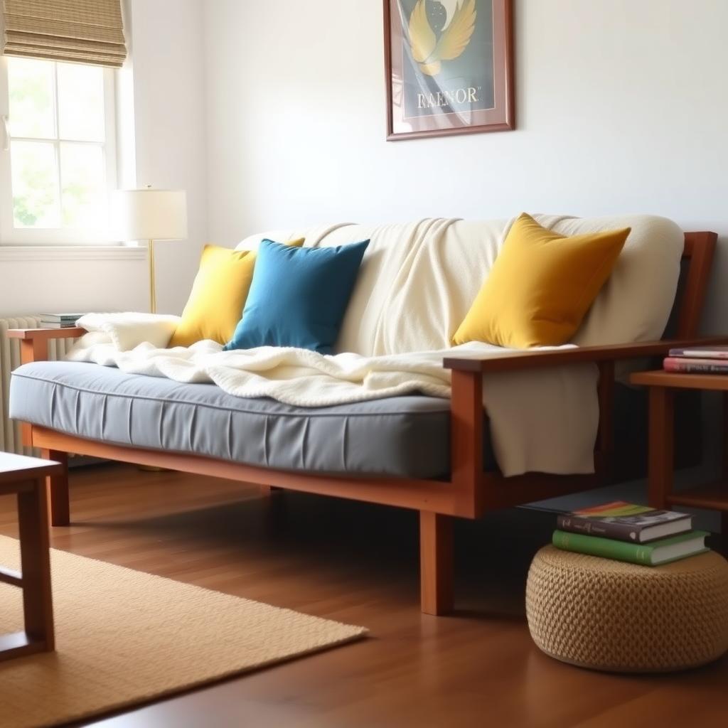 Cozy living room with a styled wooden futon, cream blankets, and colorful pillows next to a side table with a lamp and books.
