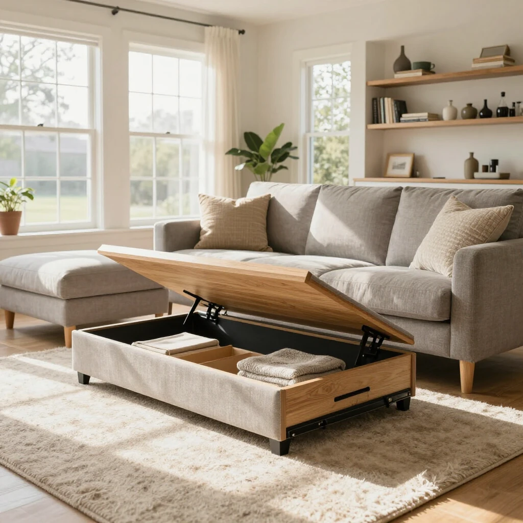 Modern living room showcasing multifunctional furniture pieces like a lift-top coffee table and storage ottoman