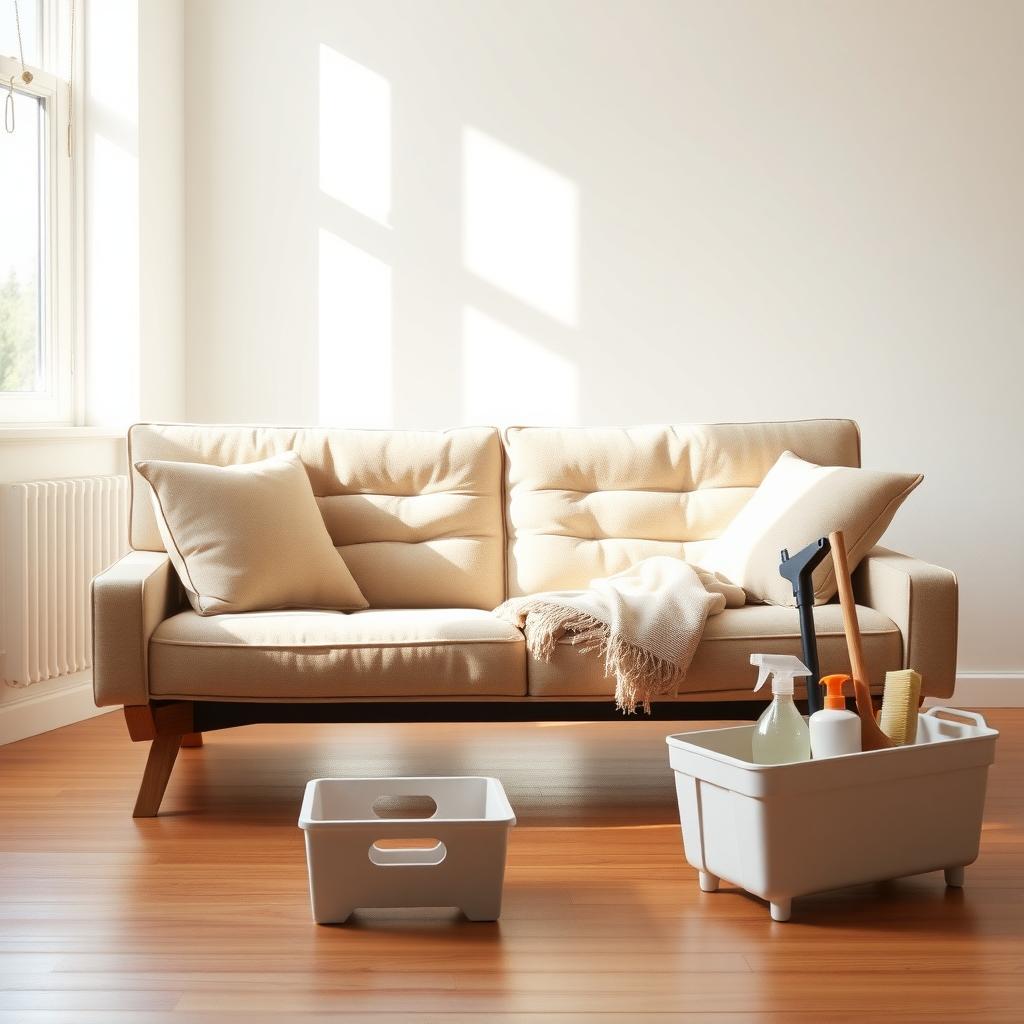 A clean, modern futon in a cozy living room with a cleaning caddy nearby.