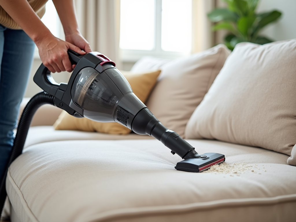 Vacuuming a plush sofa