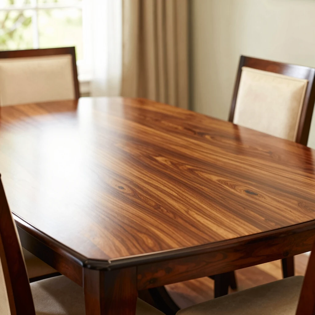 Elegant refinished wooden dining table in a formal dining room