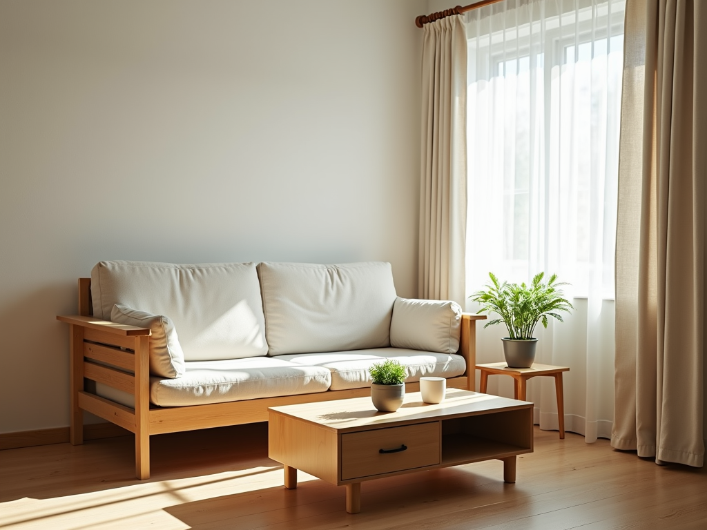 A small living room with a wooden sofa bed and storage coffee table, bathed in natural light.
