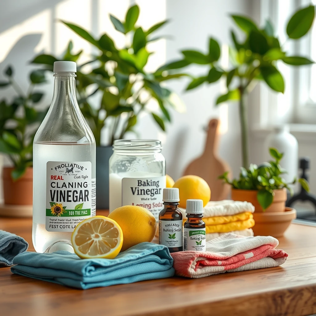 Natural cleaning supplies arranged on a kitchen counter