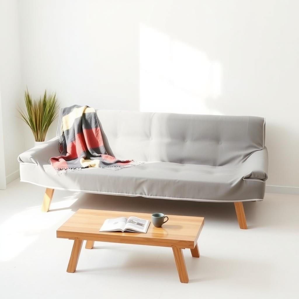 Modern futon with a washable gray cover in a cozy living room