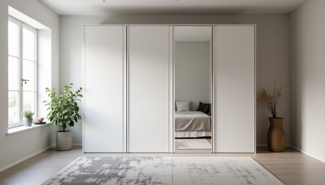 Minimalist armoire with mirrored doors in a small bedroom