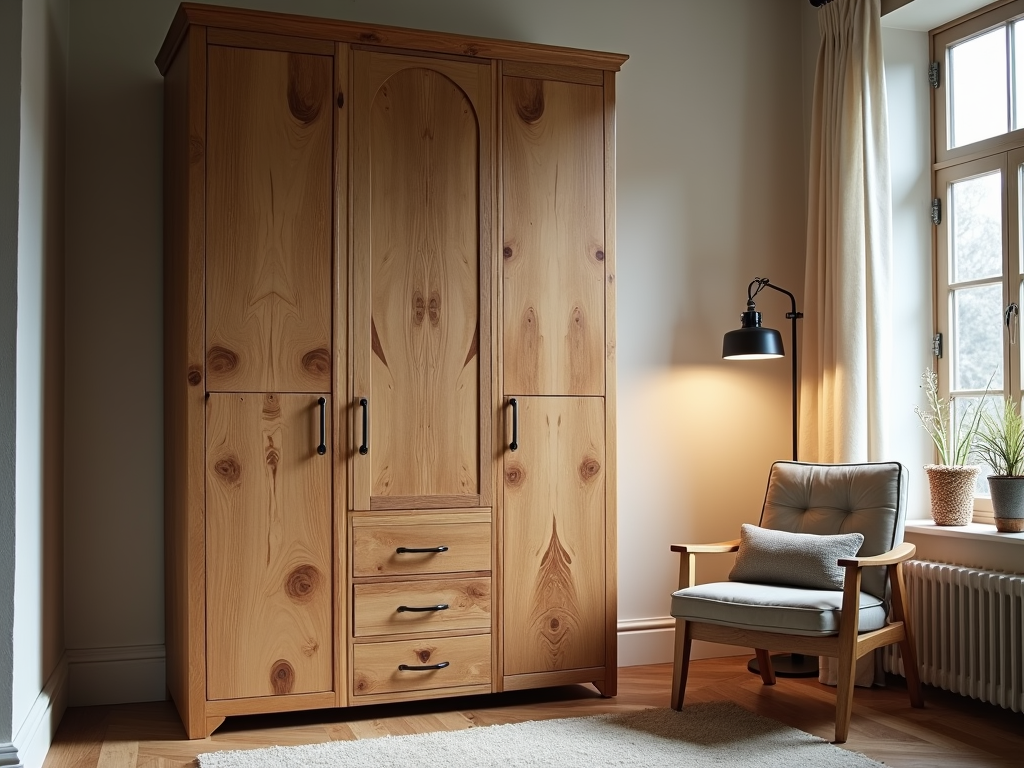 Reclaimed wood armoire in a cozy reading nook