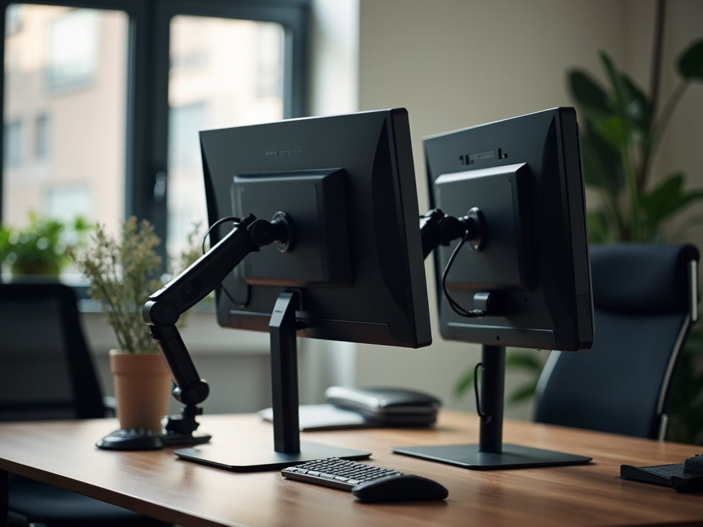 Dual monitor setup with adjustable arms.