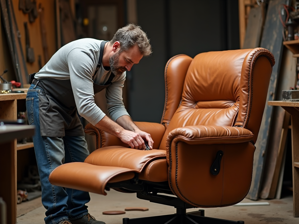 A skilled artisan crafting a leather recliner.