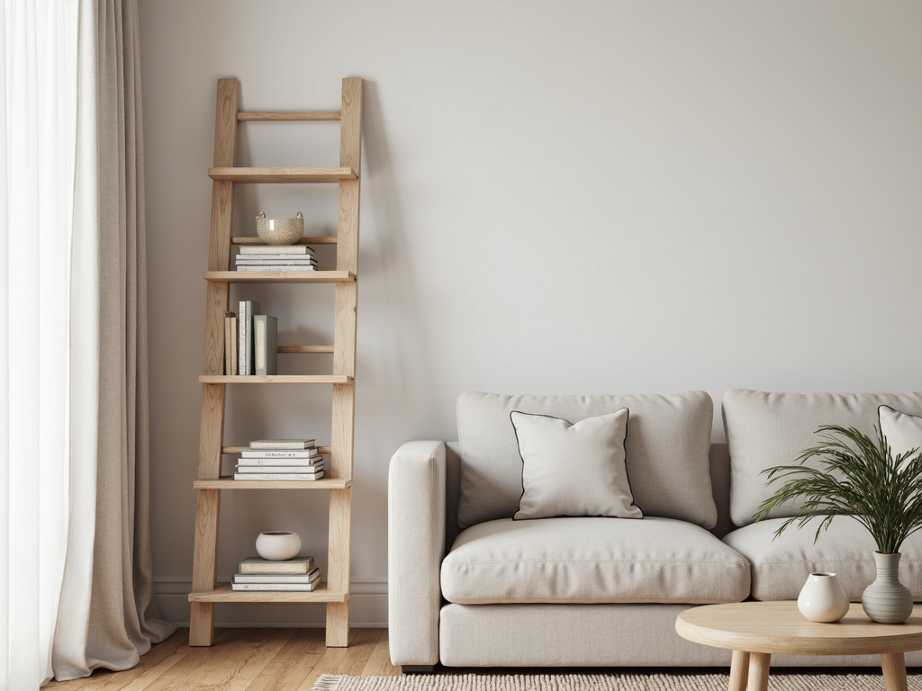 Ladder shelf in a rustic modern living room