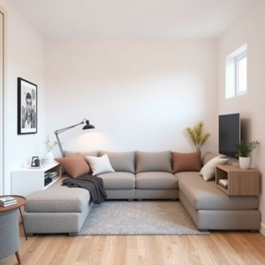 Cozy small living room with multifunctional sofa bed and light walls