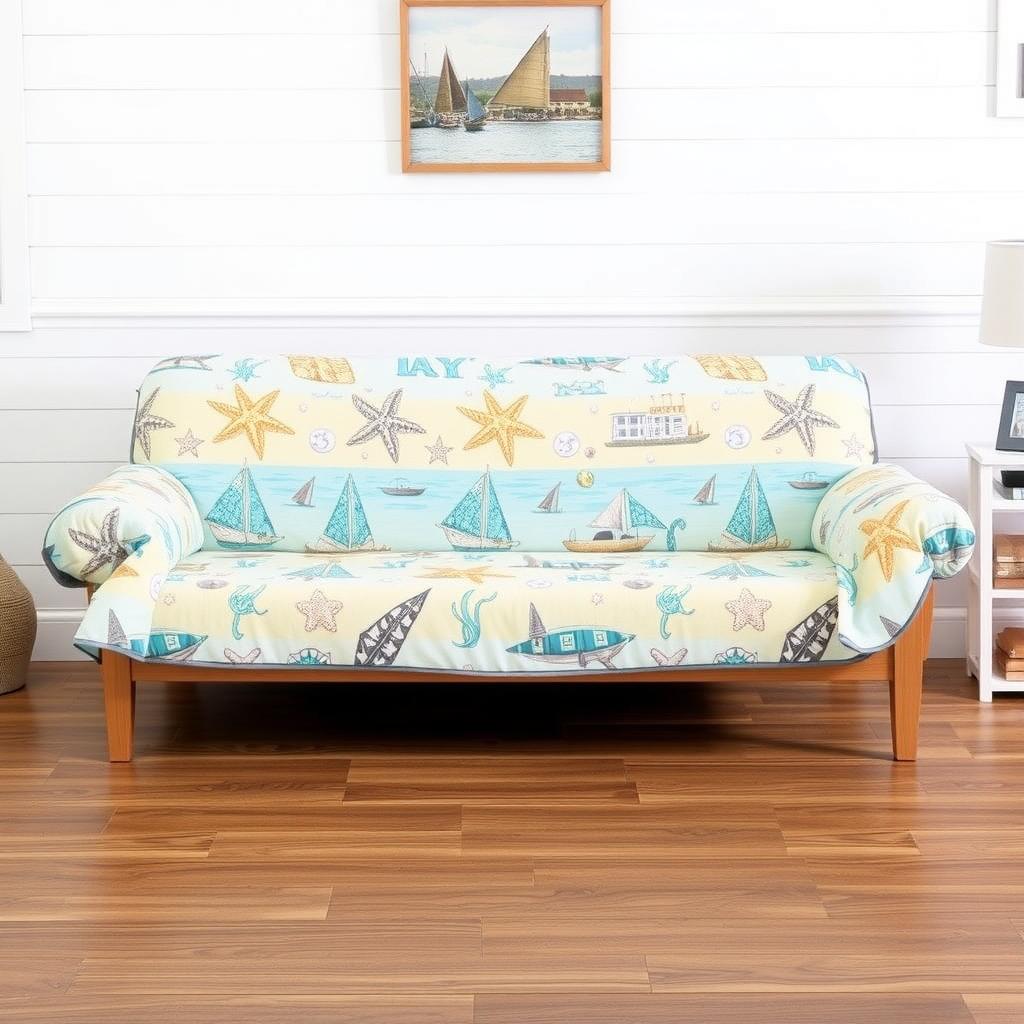 A futon in a beach house, with a cover that reflects the coastal vibe.