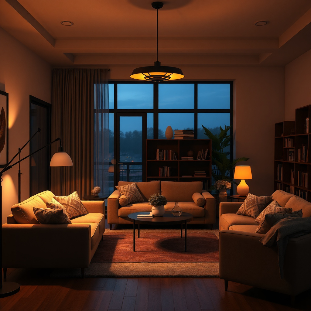 Layered lighting in a well-arranged living room